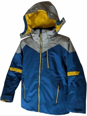 Obermeyer Blue, Gray and Yellow Hooded Kids Winter Ski Jacket Coat EUC